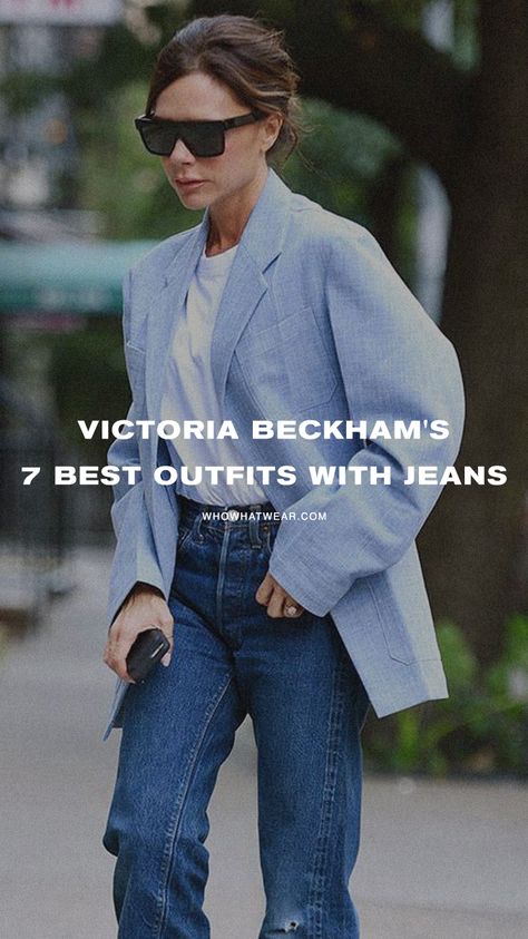 Victoria Beckham 2024 Style, Tailored Jeans For Women, Victoria Beckham Jeans Outfits, Blue Jeans Office Outfit, Wide High Waist Jeans Outfit, Blazer Spring Outfits, Wide Leg Jeans With Blazer, High Waisted Flare Jeans Outfit Winter, Nice Top And Jeans Outfit Ideas