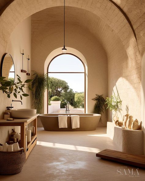 I’m really excited to share with all of you our latest project, an ancient Masseria located in the heart of our beautiful Puglia, Italy… | Instagram Earthy Tone Bathroom, Italian Villa Bedroom, Relaxing Bathroom Decor, Mediterranean Bedroom, Mediterranean Bathroom, Casa Interior, Relaxing Bathroom, Italy House, Mediterranean Interior