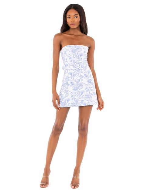 Blue And White Strapless Dress, Hoco Dresses 2023 Strapless, Different Homecoming Dresses, White And Blue Mini Dress, Coastal Homecoming Dress, Amanda Uprichard Fae Dress, Fancy Homecoming Dresses, Strapless Formal Dress Short, Coastal Granddaughter Hoco Dress