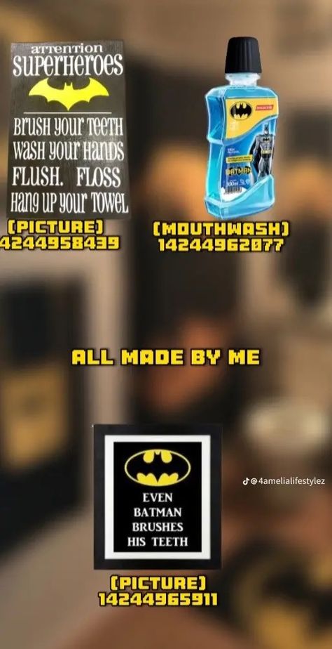 Batman Bloxburg Codes, Batman Decals Bloxburg, Painting Codes Bloxburg, Batman Bathroom Decor, Bloxburg Bathroom Decals, Bathroom Decals Bloxburg, Batman Bathroom, Batman Decals