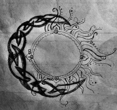 Tattoo I drew up using a Celtic moon and a Hindu sun, I really want it as a tattoo on my side. Norse Moon Tattoo, Celtic Sun And Moon Tattoo, Celtic Sun And Moon, Celtic Sun, Moon Sun Tattoo, Celtic Moon, Watercolor Tattoo Flower, Sun Pattern, Sun Tattoos