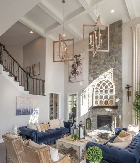 25 Cozy 2 Story Fireplace Ideas You Should Definitely Try - Open Second Floor Living Room, 2 Story Living Room Built Ins, Two Story Corner Fireplace Ideas, 2 Story Fireplace Decor, Two Story Living Room Design Inspiration, 2 Story Great Room Ideas, Open Second Floor, 2 Story Fireplace Ideas, Great Room Decorating Ideas