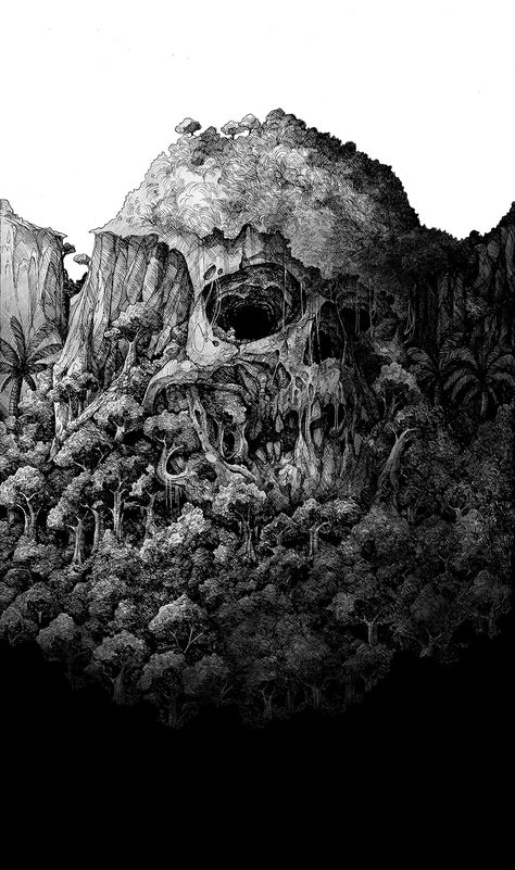 Skull Island Map, Skull Ink Drawing, Skull Island Tattoo, Pile Of Skulls Drawing, Skull Island Art, Skull Landscape, Island Drawing, Drawing With Ink, Island Illustration