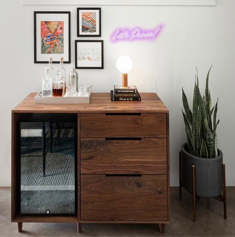 "Named in inspiration of the stark contrast between the open canyon & the sharp cornered, blocky, towering walls of the Santa Elena Canyon in Big Bend National Park, The Santa Elena Mini Fridge/Wine Fridge Dry Bar Cabinet is filled with handcrafted, attention to detail features: * half blind dovetail joinery, * A solid sliding dovetailed divider wall, and * (3) full 15\" Depth drawers with heavy duty concealed drawer hardware. Each drawer features half blind dovetail joinery & is matched wood sp Wine Fridge Bar Cart, Small Cabinet With Fridge, Dry Bar Cabinet With Fridge, Mini Fridge In Cabinet, Drink Fridge In Kitchen, Diy Dry Bar With Mini Fridge, Coffee Bar With Mini Fridge, Bar Cabinet With Fridge, Professor Office