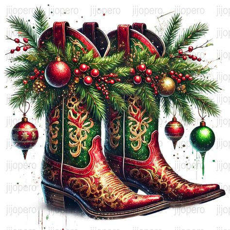 Christmas Art New Trend On Hat Western, Western Christmas Pictures, Christmas Cowboy Wallpaper, Cowboy Christmas Painting, Western Christmas Decor, Cowboy Boots Art, Western Christmas Decorations, Western Pictures, Boots Art