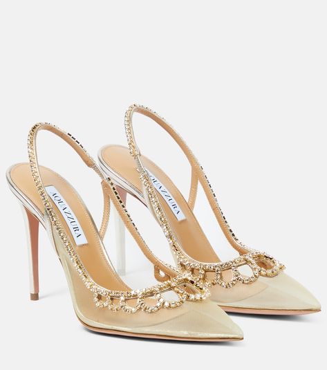 Aptly named, the Tiara slingback pumps from Aquazzura are adorned with glittering crystal embellishments that resemble a headpiece. They're made from mesh with leather trims and are placed atop stiletto heels. Shoes Heels Classy, Heels Classy, Shoe Inspo, Aesthetic Shoes, Slingbacks, Pretty Shoes, Slingback Pump, Dream Shoes, Beautiful Shoes