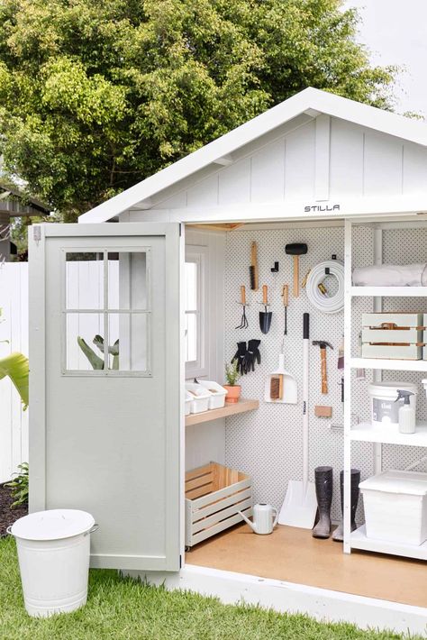 22 Gardening Tools Organization Ideas » Lady Decluttered Tools Organization Ideas, Shed Shelving, Garden Shed Interiors, Tools Organization, Small Garden Shed, Painted Shed, Shed Makeover, Living Room Aesthetic, Garden Organization