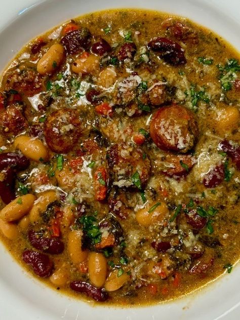 Creamy Andouille Sausage, Cannellini & Kidney Bean Soup garnished with Reggiano Parmigiano - Easy DIY Recipes Kidney Bean Soup, Andouille Sausage Recipes, White Miso Paste, Kidney Bean, Sausage Soup, Soup And Stew, Andouille Sausage, Andouille, Cannellini Beans