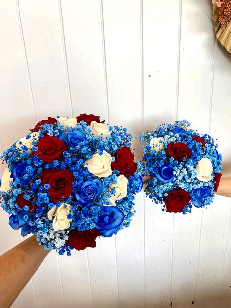 Red, white & blue combination in a bridal and matching bridesmaids bouquet Red White And Blue Wedding Bouquets, Red And Blue Bouquet, Bridal Bouquet Calla Lillies, Blue And Red Wedding, Light Blue Quince, Homecoming Flowers, Prom Bouquet, Blue Flowers Bouquet, Blue Winter Wedding