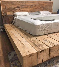 One year later, and the owners of this EPIC barn beam bed frame are still loving it! . . . #apsdesign #apsconstruction #barnwoodbuilders #barnbeamfurniture #barnbeamsrepurposed #handmade Wood Beam Bed, Wood Beam Bed Frame, Bed Made Of Wood, Wooden Bed Frame Modern, Beam Bed Frame, Handmade Bed Frame, Rustic Bed Frames, Rustic Bed Design, Handmade Beds