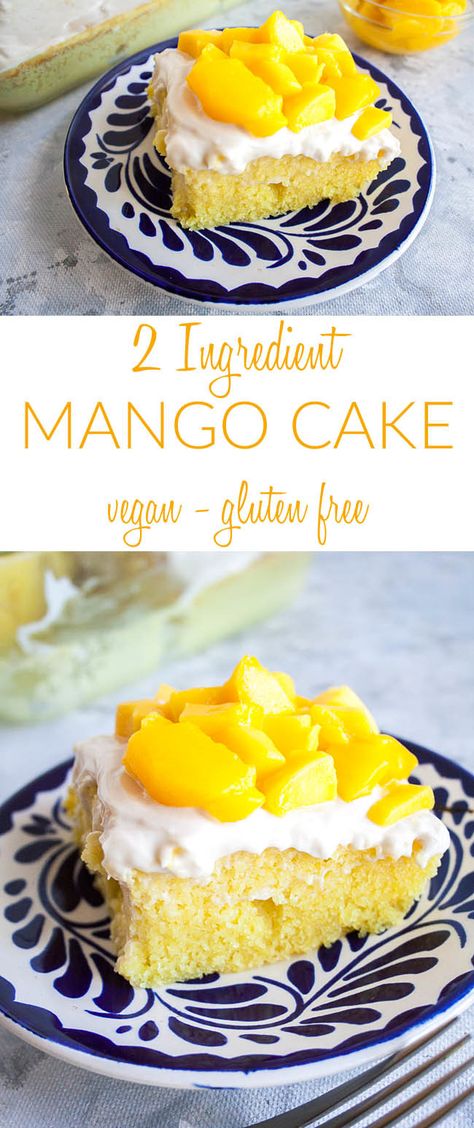 2 Ingredient Mango Cake (vegan, gluten free) - This easy vegan mango cake is a foolproof way to get dessert on the table fast! Made with a vegan cream cheese frosting. #vegancake #mangocake #veganfrosting #vegancreamcheesefrosting Vegan Mango Cake, Vegan Cream Cheese Frosting, Best Vegan Desserts, Vegan Frosting, Mango Cake, Vegan Cream, Vegan Cakes, Vegan Cake Recipes, Cake Vegan