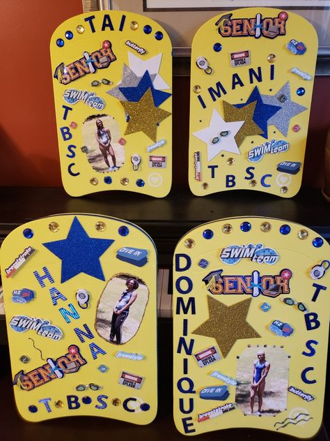 Decorative memorabilia swim kickboards Swim Senior Gift Ideas, Swim Team Senior Night Gifts, Swim Team Locker Signs, Senior Night Ideas Swimming, Senior Swim Poster, Senior Night Gift Ideas Swimming, Senior Swim Poster Ideas, Swimming Locker Decorations, Swim Posters High School