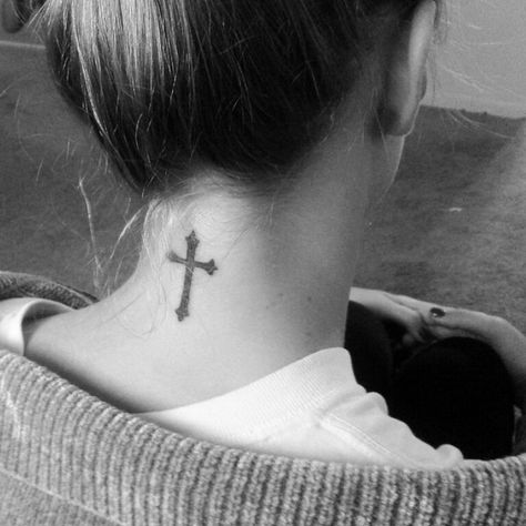 55+ Attractive Back of Neck Tattoo Designs - For Creative Juice Cross Tattoo Neck, Unique Cross Tattoos, Cross Tattoo On Wrist, Tattoo Sonne, 9 Tattoo, Small Cross Tattoos, Simple Cross Tattoo, Personal Beliefs, Tattoo Son