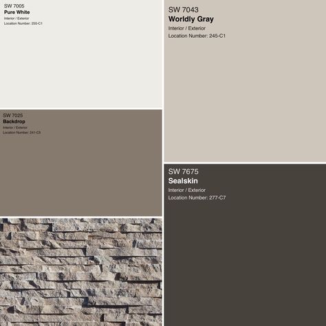 Brown Facade House, Dark Exterior Trim With White Windows, Best Paint Colors For Stucco Exterior, Exterior Block House Colors, Tan And Gray Exterior House Colors, Gray Beige House Exterior, White And Dark Brown Home Exterior, Exterior Facade Color Palette, Stacked Stone Exterior Color Schemes