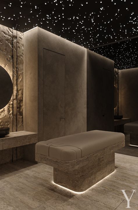 shower spa hotel massage hammam interior design starry sky ideas for relax room Dark Spa Interior Design, Massage Room In House, Luxury Home Spa Design, Spa Ceiling Ideas, Sauna Relax Room, Office Relaxation Room, Spa Shower Ideas, Small Massage Room Ideas, Spa Moodboard