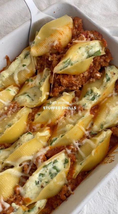 Simple to make and it’s definitely going into our monthly meal rotation! Stuffed Shells Protein, Protein Stuffed Shells, Beef High Protein Meals, Protein Packed Pasta Recipes, Italian Protein Recipes, How To Make Stuffed Shells, High Protein Beef Meals, High Protein Italian Recipes, Meals For Football Players