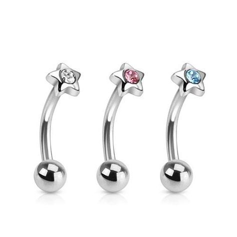 Gem Star 16g (1.2mm) 5/16" (8mm) 316L Surgical Steel Curved Eyebrow Barbell #rook #piercing #piercings #eyebrow #eyebrowpiercing #rookpiercing #bodypiercing #bodyjewelry #rookjewelry #eyebrowjewelry #eyebrows Eyebrow Piercing Jewelry, Curved Eyebrows, Eyebrow Jewelry, Eyebrow Ring, Eyebrow Piercing, Funky Jewelry, Star Top, Steel Bar, Body Piercing Jewelry