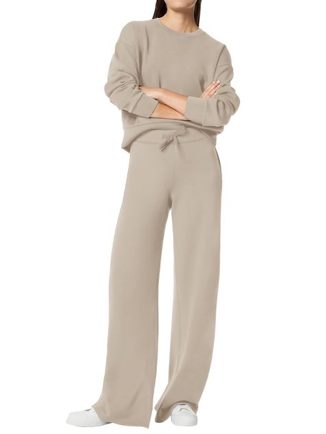 PRICES MAY VARY. Fabric: This sweatshirt & sweatpants set is made from 68% Rayon, 28% Polyester and 4% Spandex with soft texture, skin-friendly, smooth, breathable and stretchy, relaxed fit for all day comfort. Must-have outfits in your Fall/Winter line. Feature: This sweatsuit set combines comfort with style. The sweatshirt features crew neck and long sleeves for a relaxed fit, while wide leg sweatpants with elastic waist and drawstring ensure a customizable fit, and the inclusion of pockets on Sweat Set Outfits, Womens 2 Piece Outfits, Matching Sweats, Sweatsuit Set, Wide Leg Sweatpants, Matching Sweatshirts, Sweat Set, Sweatpants Set, Thanksgiving Outfit