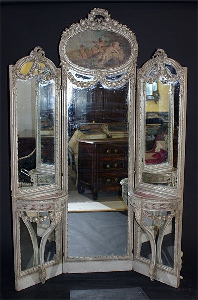 French, Louis XVI style tri-fold, full-length mirror: Each side panel with attached console table, having hinged top. Center mirrored panel beneath trumeau depicting cherubs at play. 19th century. Antiques Mirrors, Vanity Antique, Dressing Screen, Diy Room Divider, Trifold Mirror, Rustic Mirrors, Vintage Mirrors, Amber Rose, Folding Screen