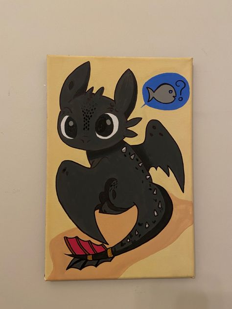 Toothless Dragon Painting, Cute Paintings Disney, Toothless Painting Canvas, Toothless Painting Easy, Cool Canvas Painting Ideas Creative, Painting Ideas On Canvas Elephant, Easy Dragon Painting, Disney Canvas Art Easy, Cute Disney Paintings