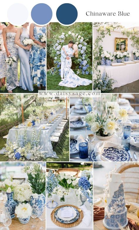 Color Wedding Palette, Wedding Theme Colors Blue, Light Blue And Colorful Wedding, White Wedding With Blue Accents, European Wedding Theme, Blue And Beige Wedding, Spring Time Wedding, Blue And White China Wedding, Royal Blue And White Wedding