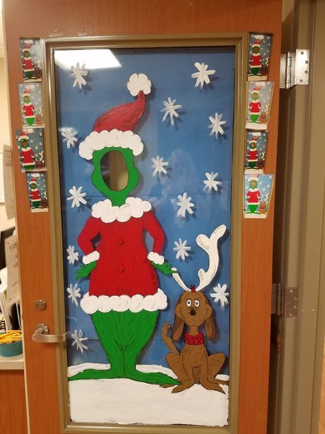 Disney Door Decorations Classroom, Grinch Classroom Door, Disney Door Decorations, Holiday Door Decorating Contest, Door Decorations Classroom Christmas, Christmas Doors, Classroom Christmas Decorations, Painted Windows, Diy Christmas Door