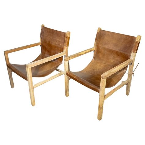 Pair of Brown Leather Sling Chairs with Bleached Wood Arms and Legs For Sale at 1stDibs Leather Sling Chair, Ergonomic Seating, Bleached Wood, Sling Chair, Rustic Chic, Leather Chair, Leather Seat, Hanging Chair, Rustic Charm