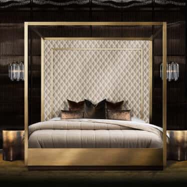 Luxury Beds - Juliettes Interiors Four Poster Bed Frame, King Size Bedroom, Statement Bed, Statement Furniture Pieces, 4 Poster Beds, Wooden Beds, King Sized Bedroom, Statement Furniture, Velvet Headboard