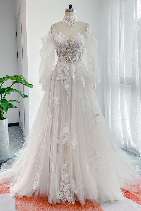 A-Line High Neck Court Train Lace Tulle Long Sleeve Zipper Wedding Dress CW3156 – COCOMELODY