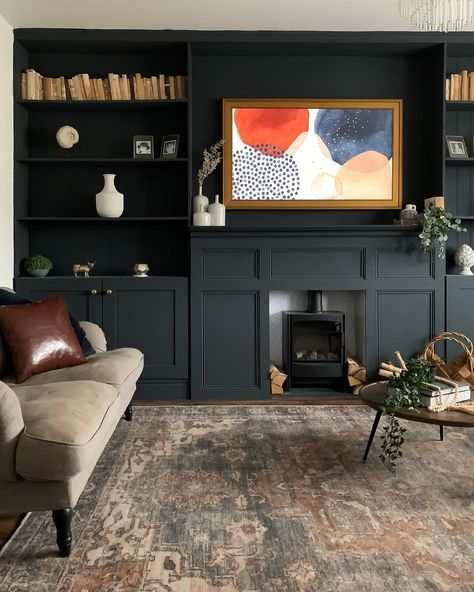 Ruth on Instagram: “Transformation Tuesday , light to dark ➡️ Our built-ins got a makeover recently by adding a fireplace and painting in Midnight Blue by…” Dark Blue Fireplace, Adding A Fireplace, Dark Home Office, Bookshelves Around Fireplace, Built In Wall Shelves, Painted Mantle, Tudor House Exterior, Charcoal Grey Paint, Office With Fireplace