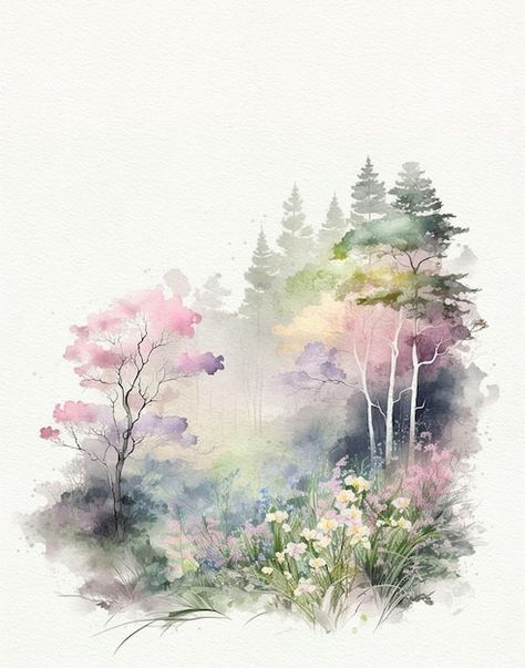 Photo watercolor forest, nature spring d... | Premium Photo #Freepik #photo #watercolor-landscape #watercolor-drawing #nature-painting #watercolor-illustration Pastel Colors Flowers, Spring Drawing, Purple Card, Painting Purple, Scripture Writing, Watercolor Forest, Nature Spring, Flowers Illustration, Watercolor On Wood