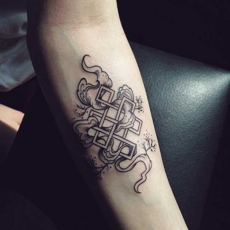 Endless Knot Tattoo, Serpent Woman, Buddhism Tattoo, Tibetan Symbols, Eternal Knot, Small Neck Tattoos, Cage Tattoos, Eternity Symbol, Belly Tattoos