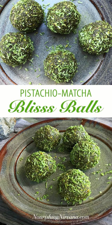 Raw Balls, Raw Pistachios, Matcha Tea Powder, Plant Based Snacks, Bliss Balls, Tea Powder, Matcha Tea, Stuffed Shells, Shredded Coconut