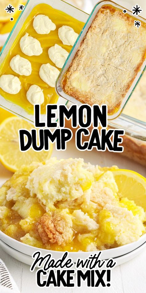 Lemon Dump Cake Recipes, Lemon Dump Cake, Lemon Dump Cake Recipe, Lemon Dessert Recipes Easy, Lemon Cake Mix Recipe, Blueberry Dump Cakes, Cake Mix Desserts, Dump Cakes, Lemon Cream Cheese