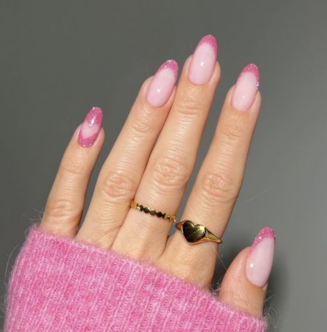 Pink Sparkle Nails, Pink Sparkly Nails, Valentine Nails Pink, Fall Nails 2023, Glitter French Nails, Pink Tip Nails, Pink French Nails, Glitter Tip Nails, Glitter French Tips