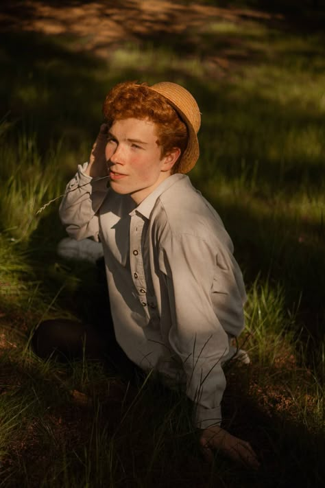 Cottagecore Pose, Cottagecore Boys, Gray Green Eyes, Cottagecore Men, Hippie Photoshoot, In Other Lands, Red Head Boy, Brown Hair Dark, The Adventures Of Tom Sawyer