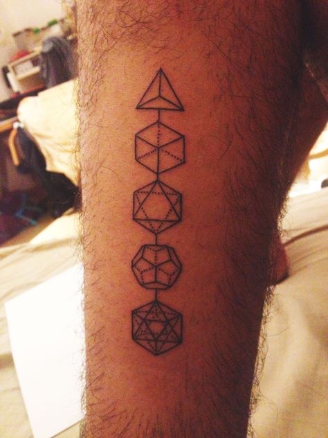 #tattoo #geometric #shapes #platonic #solids Dot Tattoo Meaning, Geometrical Tattoo, Dice Tattoo, Platonic Solids, Dot Tattoos, Shape Tattoo, Geek Tattoo, Geometry Tattoo, Platonic Solid