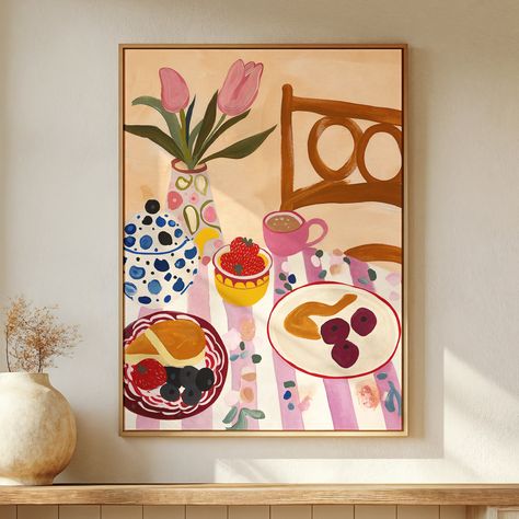 Enhance your modern kitchen or dining room with this beautiful Gouache Still Life Breakfast Art Print. This contemporary food illustration adds a touch of elegance and charm to any interior space. Perfect for those who appreciate fine art and love to decorate their homes with unique, high-quality pieces. Artistic Detail: This art print features a meticulously painted gouache still life of a breakfast scene, capturing the essence of contemporary dining with vibrant colors and exquisite details. M Painting Decor Ideas, Kitchen Art Painting, Gouache Still Life, Cozy Painting, Breakfast Painting, Art In The Kitchen, Artwork For Kitchen, Vintage Kitchen Art, Dining Room Artwork