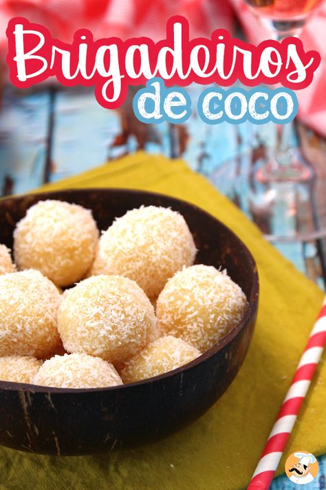 Nos vamos a Brasil con esta receta de brigadeiros de coco! Naturalmente sin gluten, solo necesitarás 3 ingredientes para hacer estas deliciosas bolas. #brigadeiro #brigadeiroscoco #brigadeirosdecoco #trufas #trufasdecoco #receta #postre #singluten #glutenfree #sintacc #healthymeals #postressaludables #sinharina #petitchef #recetapetitchef #petitchef_españa #recetasfaciles #brigadeirogourmet #brigaderia #sobremesa Truffle Recipe, Sin Gluten, Truffles, Cereal, Coco, Gluten Free, Healthy Recipes