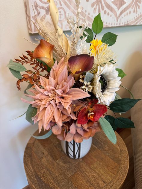 Autumn Bridal Bouquet Brown Ivory Blush Calla Lilies Sunflowers Dahlia Fall Centerpiece by BridaLilyBouquets on Etsy Fall Dahlia Arrangements, Dahlia Arrangements, Autumn Bridal Bouquet, Greenery Bridal Bouquet, Autumn Bridal, Wedding Vase, Bridal Bouquet Fall, Artificial Bouquet, Silk Hydrangeas