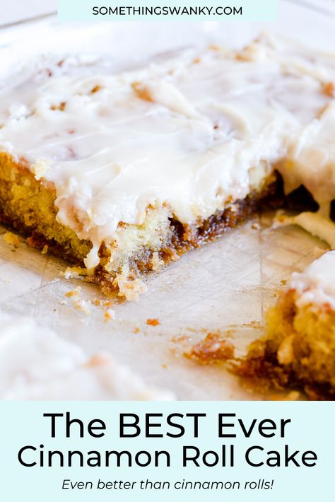 This Cinnamon Roll Cake is heaven in a pan! You'll like these better than actual cinnamon rolls, no joke. Angel Food Cake In A Sheet Pan, Cinnamon Roll Sheet Cake, Uni Meals, Cinnamon Cake Recipes, Baking Tricks, Cinnamon Roll Frosting, Cinnamon Roll Icing, Cinnamon Roll Bread, Cinnamon Roll Cookies