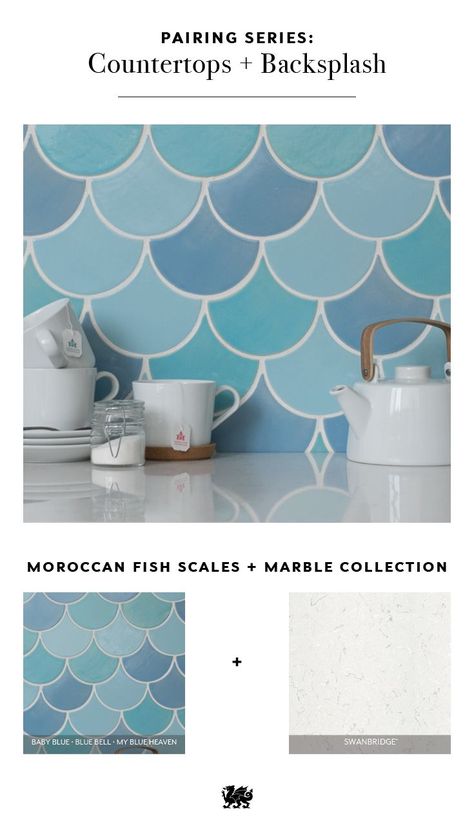 For a coastal kitchen vibe, pair a blue tile backsplash with white Cambria quartz countertops. This blend of blue Moroccan fish scales from Mercury Mosaics as a backsplash above Swanbridge from our Marble Collection suggests the serenity of ocean waves along a white-sand beach. #MyCambria White Fish Scale Tile, Fish Scale Tiles, Moroccan Fish, Scale Tile, Moroccan Fish Scale Tile, Moroccan Fish Scale, Fish Tiles, Colorful Backsplash, Mercury Mosaics