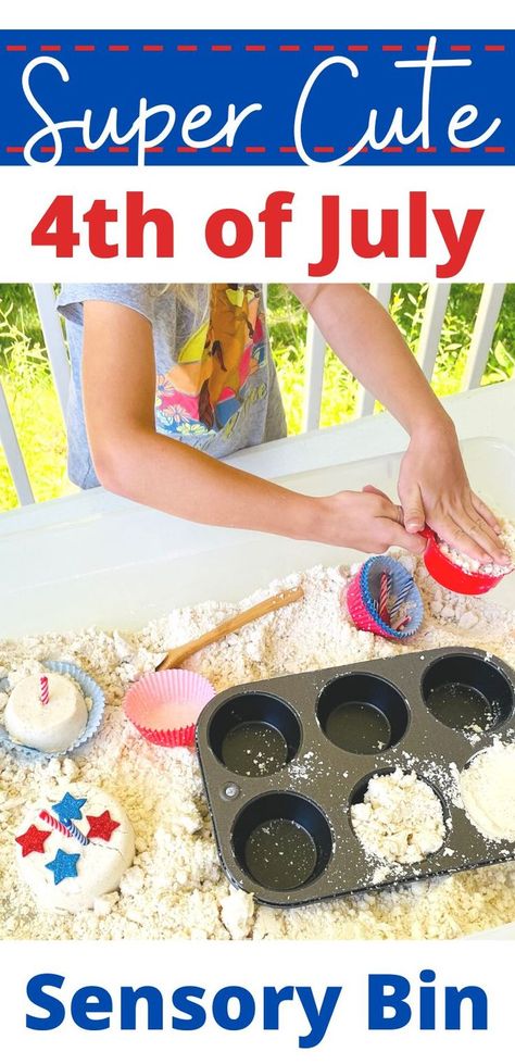 adorable 4th of july cupcake sensory bin with moon sand, cupcake liners, candles, muffin pan, foam stars and more! 4th Of July Sensory Bin, 4th Of July Preschool Activities, July Sensory Bin, Preschool 4th Of July, 4th Of July Preschool, Sensory Bin For Preschoolers, Preschool Curriculum Themes, Patriotic Cupcake, Cupcake Making