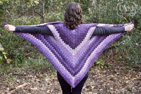 Striped Granny Stitch Caron Cakes Triangle Shawl - Colorful Christine Poncho With Arm Holes, Prayer Shawl Crochet Pattern, Cake Crochet, Crocheted Squares, Caron Cakes, Crocheted Shawl, Crochet Wrap Pattern, Granny Stitch, Fiber Crafts