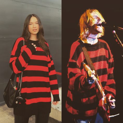 Red And Black Knitted Sweater, Black Striped Sweater Outfit, Crochet Nirvana, Kurt Cobain Sweater, Kurt Cobain Outfit, Cardigan Grunge, Grunge Cardigan, Harry Styles Sweater, Red And Black Sweater