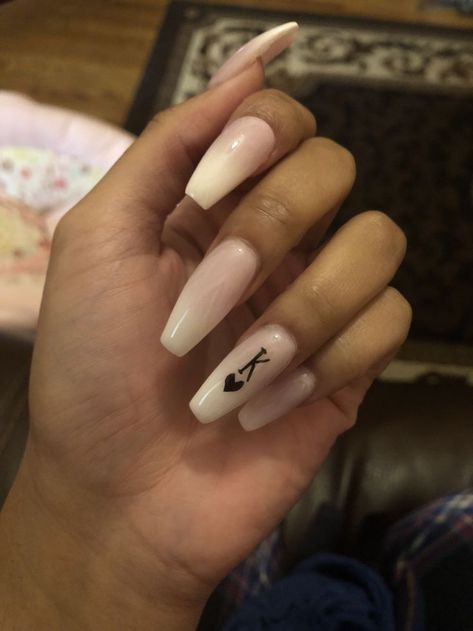 Pin on Nails White Nails With K Initials Acrylic, Nails With K Initials Acrylic, Acrylic Nails With A K Initial, Black Nails With Letters Initials, Small Initial On Nails, Nails K Initial, Letter K Nails, Nails With A K Initial, Nails With The Letter D On Them