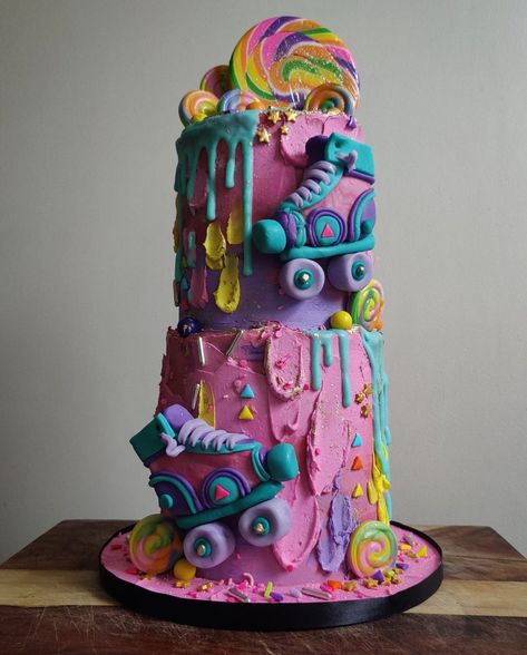 Christine Leaming on Instagram: “Happy Birthday! #birthdaygirl #rollerderby #funcake #buttercreamcake #skates #cakesofinstagram” Neon Roller Skate Cake, Roller Skate Birthday Cake, Roller Skate Cake, Roller Skate Birthday Party, Skate Birthday Party, Roller Skate Birthday, Skate Birthday, Roller Skating Party, Skate Party