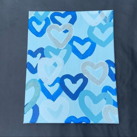 All heart blue preppy painting!!💙 Preppy Paintings Canvases Blue, Blue Diy Painting, Cute Blue Paintings Easy, Blue Background Painting Easy, Blue Things To Paint, Blue Preppy Paintings, Blue Easy Paintings, Simple Blue Painting Ideas, Simple Blue Paintings