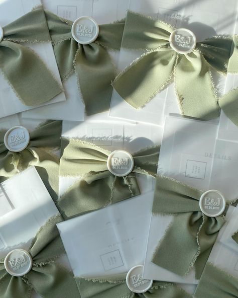 capturing sage green prettiness whilst there’s daylight ✨ pearls are going to be applied and then they are ready for dispatch. 🤍 ✉️ ☁️ #sagegreen #wedding #weddingstationery #invitations #sage #greeninvites #ribbons #waxseals #elegantbride #elegant #stationer #britishdesign #papercrafts Elegant Bride, British Design, Wax Seals, Sage Green, Wedding Stationery, Paper Crafts, How To Apply, Green, Quick Saves