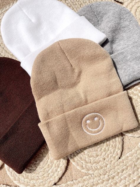 "Machine Embroidered smiley face knit beanie Colors: Camel, White, Grey, Brown * 100% Acrylic * 12\" Knit Thread color options: -white -black -tan -teal -pink PROCESSING/TURNAROUND TIME: -Processing/Turn around times may vary. Please check the estimated ship/delivery times.  -Processing/Turn around time DOES NOT include shipping time." Bonnet Outfit, Beanie Styles, Embroidered Smiley Face, Fall Cap, Embroidered Beanies, Fall Beanie, Embroidery Beanie, Beanie Design, Fall Beanies